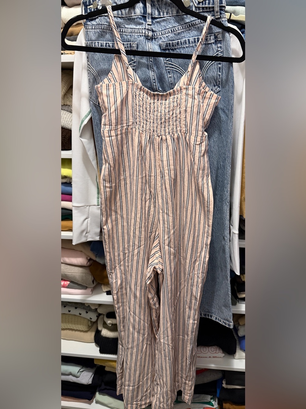 Topshop Pink and Navy Striped Smocked Jumpsuit